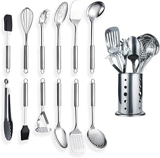 Berglander Cooking Utensil Set 13 Piece Stainless Steel Kitchen Tool Set with Holder, Include Cooking Spoon, Spatula, Whisk, Cooking Tong and etc. (13 Pieces)