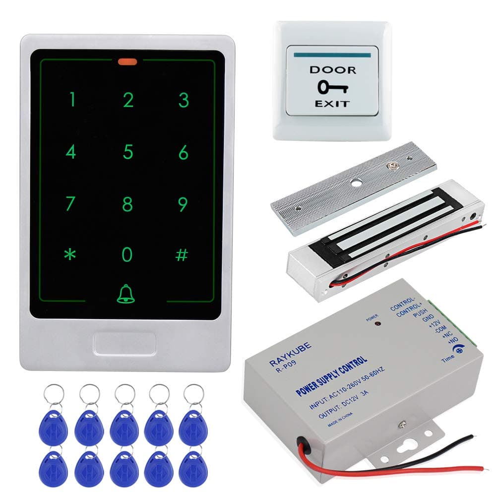 HFeng DIY Door Entry Access Control System Kit Set RFID Keypad Touch Metal Access Controller with 180KG/350lbs Electric Magnetic Electromagnetic Lock + Power Supply + 10pcs Keyfobs EM Card