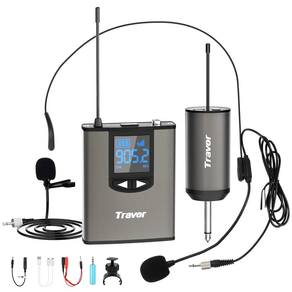 Travor Wireless Microphone System Headset/Lavalier Lapel Mic 164ft Range with Rechargeable Bodypack Transmitter & Receiver 1/4" Output for Live Performances, Support Phone