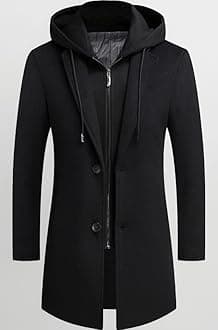 PRIJOUHE Men's Wool Coat Hoodie Long Trench Coat Cotton Casual Woollen Overcoat Jacket