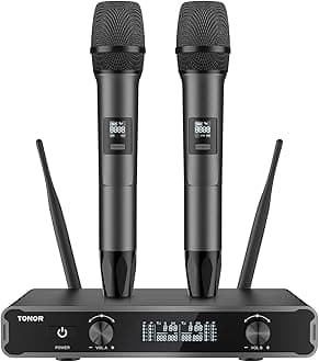 TONOR Dual Wireless Microphone Systems, UHF Cordless Karaoke Microfono Set, Metal Handheld Dynamic Mic 200ft for Singing with Receiver for Karaoke, DJ Party, Church, Wedding, Speech, PA TW450 Grey