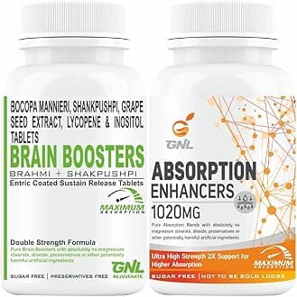 GNL Brain Booster Supplements With Brahmi, Shankhapushpi, Ginkgo Biloba, L-Glutamine, Inositol, Grape Seed Extract To Support Concentration, Focus, Memory -60 Tablets (pack 1)