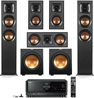 Klipsch Reference Home Theater Pack with 2X R-625FA Floorstanding Speakers, R-52C Center Channel, Pair R-41M Bookshelf Speakers (Speaker System + 2X Subwoofers + Receiver)