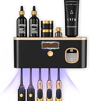 Toothbrush Holders for Bathrooms with UV Toothbrush Sanitizer, Toothbrush Holder Wall Mounted with Toothpaste Dispenser, Rechargeable Cordless Wall Mounted Tooth Brushing Holder