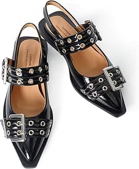 Slingback Flats for Women, Buckle Ballet Flats with Close Toe Pointed Toe Block Heel Dress Flat Shoes