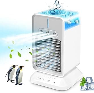 Portable Air Conditioner, 2000mAh Rechargeable Atomization Fan (Timeable 2-4H), 90degree Oscillation Cool Breeze Air Conditioner, Personal Space Cooler for Rooms, Offices, Campers, White