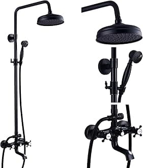Oil Rubbed Bronze Bathroom Luxury Shower Faucet Rain Mixer 8 Inch Round Head Double Cross Handle Bathroom Bathtub Hand Spray Tub Tap Wall Mount Bathroom Fixtures