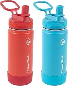 Kids 16 oz Insulated Water Bottles with Straw Lid BPA-Free Stainless Steel Leakproof & Spill-Proof Design Easy Clean Wide Mouth 2-Pack for School, Sports, Playdates, Red/Blue