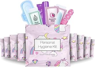 Menstrual Kit All-in-One 10 Pack | Convenience on The Go | Period Kit Pack for Travelling, Tweens & Teenager | Individually Wrapped Feminine Hygiene Product (Rainbows and Unicorns)