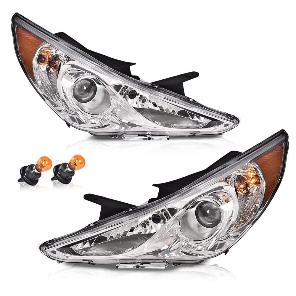 G-PLUS Headlights Assembly Halogen Lamp Compatible with Sonata 2011-2014 Headlamps 209150009 209149009 Left and Right Side Clear Lens Chrome Housing Amber Reflctor
