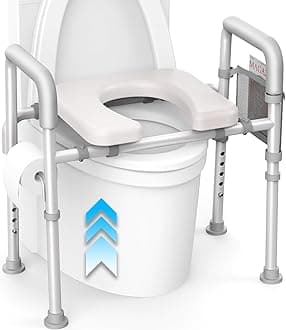 AgrishRaised Toilet Seat with Handles - Cozy Padded Elevated Medical Toilet Seat Risers for Seniors, 350lb Adjustable Handicap Toilet Riser - Gray