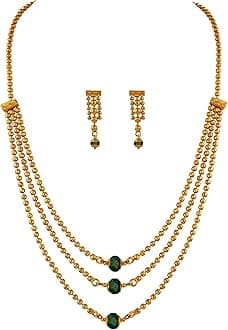 JFL - Jewellery for Less Traditional Ethnic One Gram 3 Layer Gold Plated Beaded Chain with Green Onyx Stone Long Necklace Set with Earring for Women and Girls,Valentine