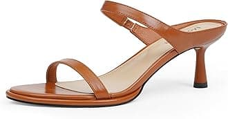 Modatope Two Strap Heeled Sandals for Women Kitten Heel Rounded Toe Heels Women Slip on Open Toe Sandals, A-brown, 6