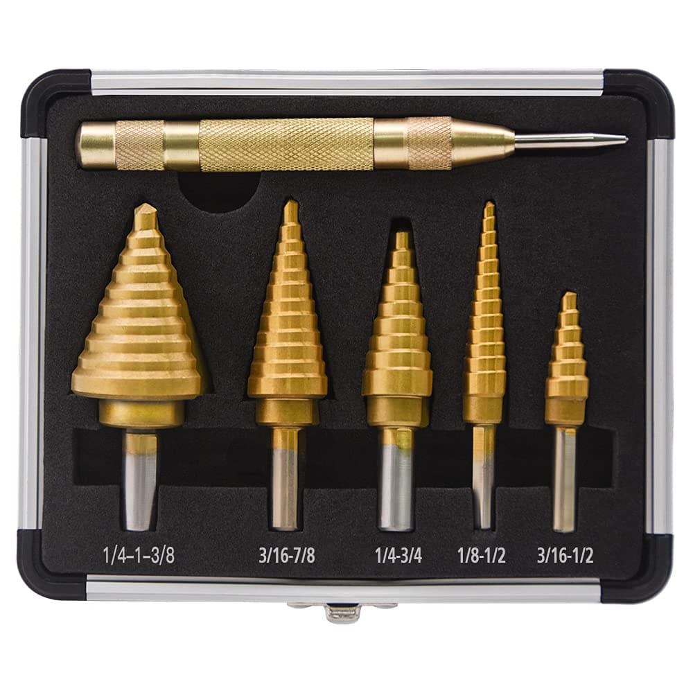 Step Drill Bit Set & Automatic Center Punch, 50 Sizes in 5 High Speed Steel Titanium Coated Double Sided Drill with Aluminum Case, for DIY Lovers