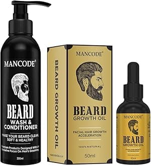 MAN CODE Beard Growth Oil + Beard Wash & Conditioner 50ml + 200ml for Patchy Beard Mens Grooming Beard & Mustache Care Kit Combo for Men, 100 Grams