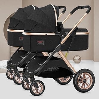 YCKEGEW Twin Baby Pram Stroller,Tandem Carriage For Newborn Side By Side Stroller,Foldable Double Seat Detachable Stroller High Landscape Reversible Pushchair Can Sit Lie (Color : Nero)