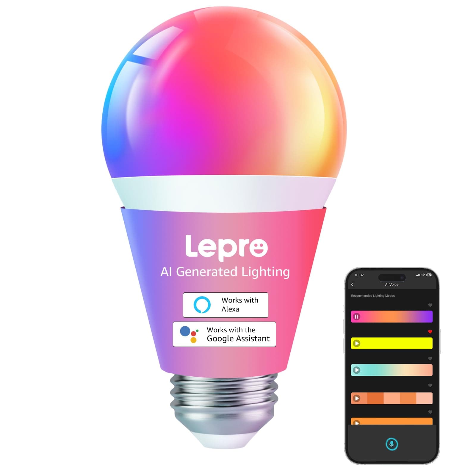 Lepro B1 AI Smart Bulb E27, 806LM 8.5W (Replace 60W), Work with Alexa & Google Assistant, RGBCCT, Music Sync Bluetooth & WiFi Bulb, Voice Control Smart Screw Bulb, Personalized AI Lighting Designer