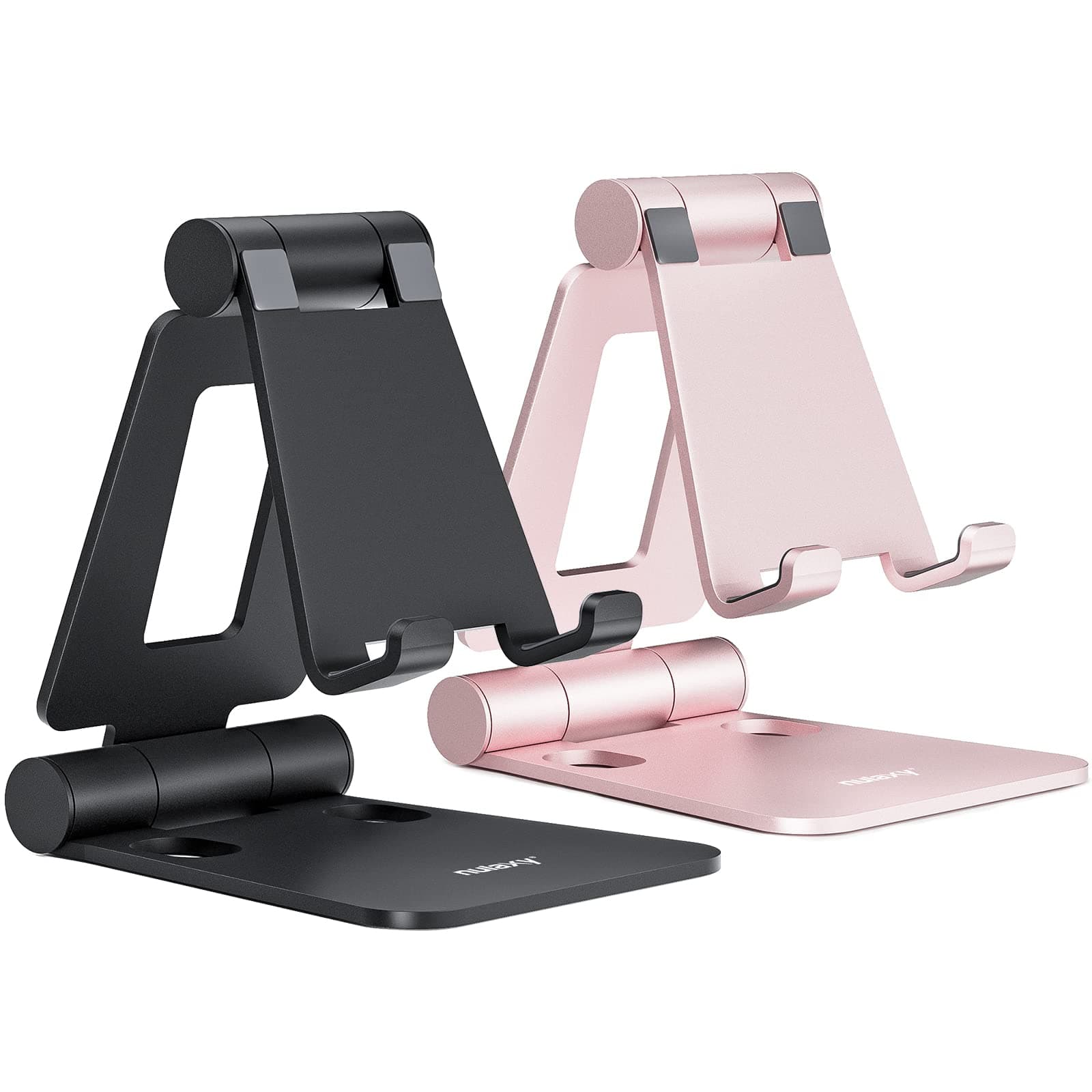 2 Pack Dual Folding Cell Phone Stand, Fully Adjustable Foldable Desktop Phone Holder Cradle Dock Compatible with iPhone 17 16 15 14 13 12 Pro Max Xs Xr, All Phones, Black & Rose Gold