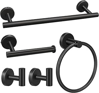 RUBY.Q 5/10/20pcs Bathroom Hardware Set, Matte Black/Brushed Nickel/Brushed Gold Bathroom Hardware Set, Including 16" Hand Towel Bars, Toilet Paper Holders, Towel Rings, Robe Towel Hooks (5pcs, Black)