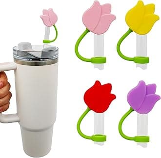4 Pack Tulip Straw Covers Cap Compatible with Stanley Cup 40 30 oz, Cute Silicone Flowers Straw Topper, Tumbler Accessories, Christmas Gifts for Women