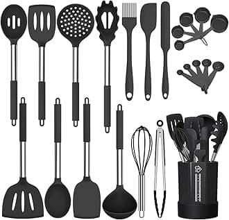 Silicone Cooking Utensil Set, Fungun Non-stick Kitchen Utensil 24 Pcs Cooking Utensils Set, Heat Resistant Cookware, Silicone Kitchen Tools Gift with Stainless Steel Handle (Black-24pcs)