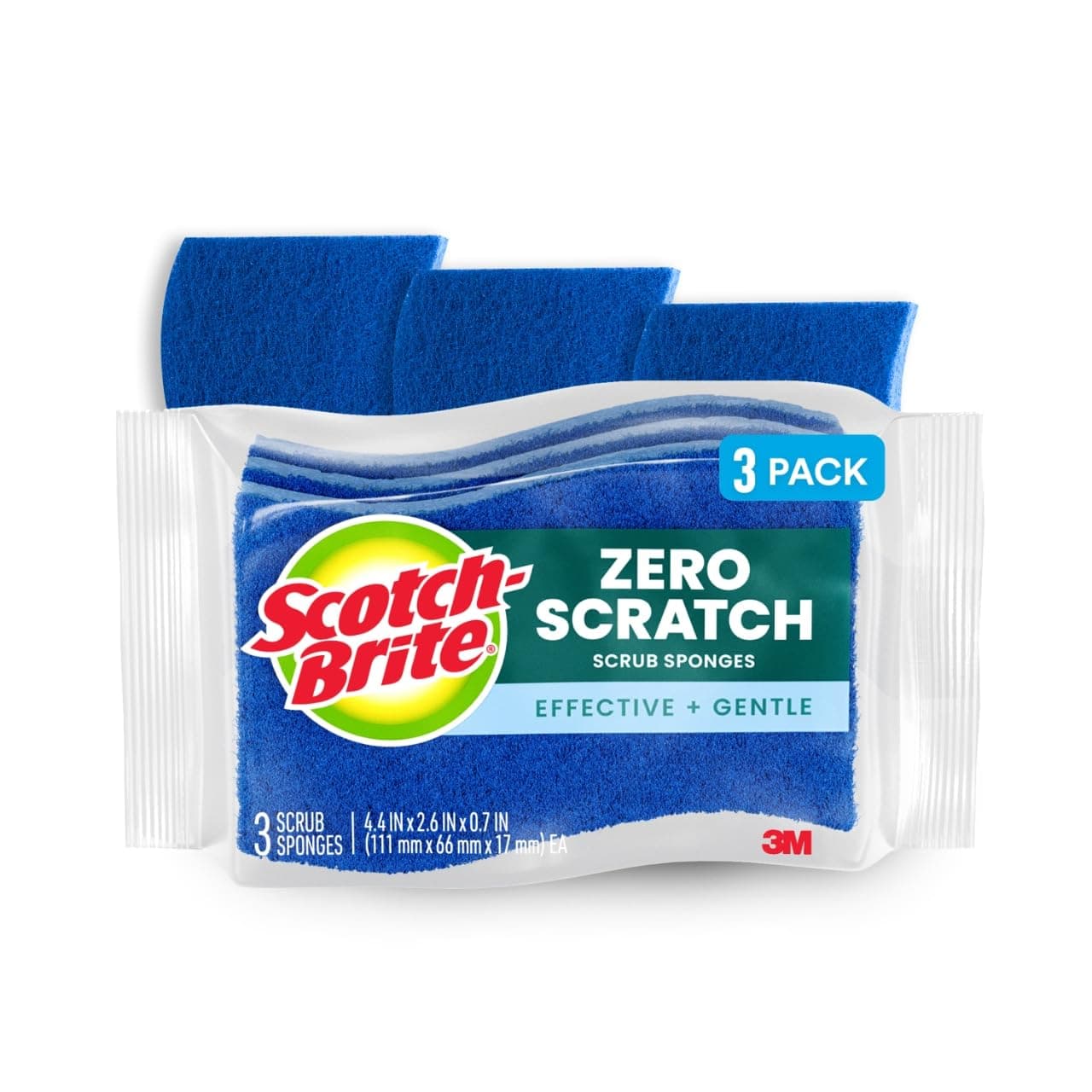 Zero Scratch Scrub Sponge, 3 Kitchen Sponges for Cleaning Around the Home, Bathroom & More, Effective + Gentle Dish Scrubber, Best for Nonstick Pots and Pans, Safe on Most Surfaces