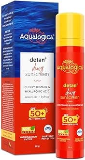 Aqualogica Detan+ Dwey Sunscreen SPF 50+ PA++++ with APF | Broad Spectrum Sun, Blue Light & Pollution Protection with Glycolic & Hyaluronic Acid, No White Cast, Lightweight & Quck Absorbing, 50g