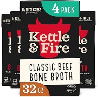 Kettle & Fire and Classic Beef Bone Broth, Keto, Paleo, and Whole 30 Approved, Gluten Free, High in Protein and Collagen, 4 Pack (32 Ounces)