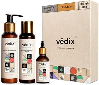 Vedix Customized Hair Fall Control Regimen For Normal/Oily, Scalp & Straight Hair - 3 Product Kit - Anti Hair Fall Oil Berberis + Banyan - Anti-Hairfall Shampoo - Hair Growth Serum