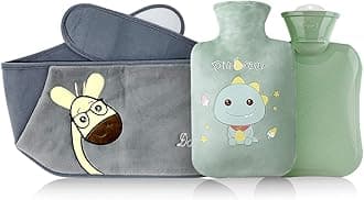 Rightwell Hot Water Bottle with Soft Plush Waist Cover Belt - 1000ml Wearable for Pain Relief in Neck, Shoulder, Hands, Back, Legs, Waist - Grey + Green, 399.0 Gram