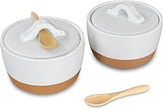 Mora Ceramic Salt and Pepper Cellar Set with Lid - 10 oz Modern Canister/Container/Bowl for Storage, Sea Salt, Spice, Sugar, Countertop - Small Dish/Jar with Wood Spoon, White Crock