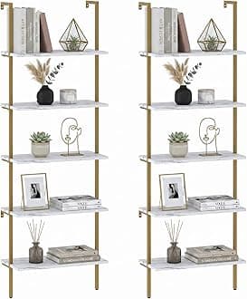 aboxoo Ladder Shelf 2PCS White Marble Bookshelf 5-Tier Wall-Mounted Wood Rack Open Industrial Modern Plant Flower Stand Utility Organizer Bookcase Metal Frame Furniture Office Kitchen Bedroom