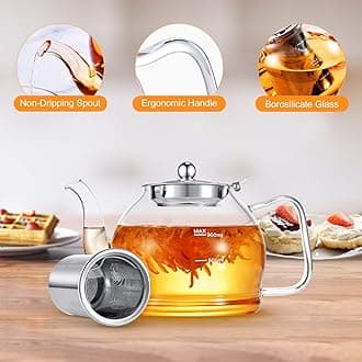 STNTUS INNOVATIONS Glass Teapot, 40 oz. / 1200 ml for Loose Tea, Glass Teapot with Infusers for Loose Tea, Tea Pot for Stove, Teapot with Stainless Steel Strainer, Teapot for 4-6 Cups
