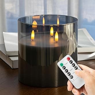 Extra Large Flameless Candles with 3 Wicks, 6"x6" Glass Battery Operated Candles with Remote, Real Wax Flickering LED Candles Fake Candle for Home, Wedding, Party, Gray