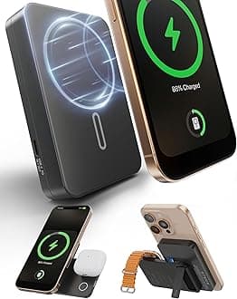 Magnetic 3 in 1 Portable Charger Wireless Charging Station, KU XIU Foldable Power Bank 15W Fast Charging, 5000mAh Travel Charger Battery Pack for iPhone 16/15/14/13/12, for Apple Watch, AirPods, Black