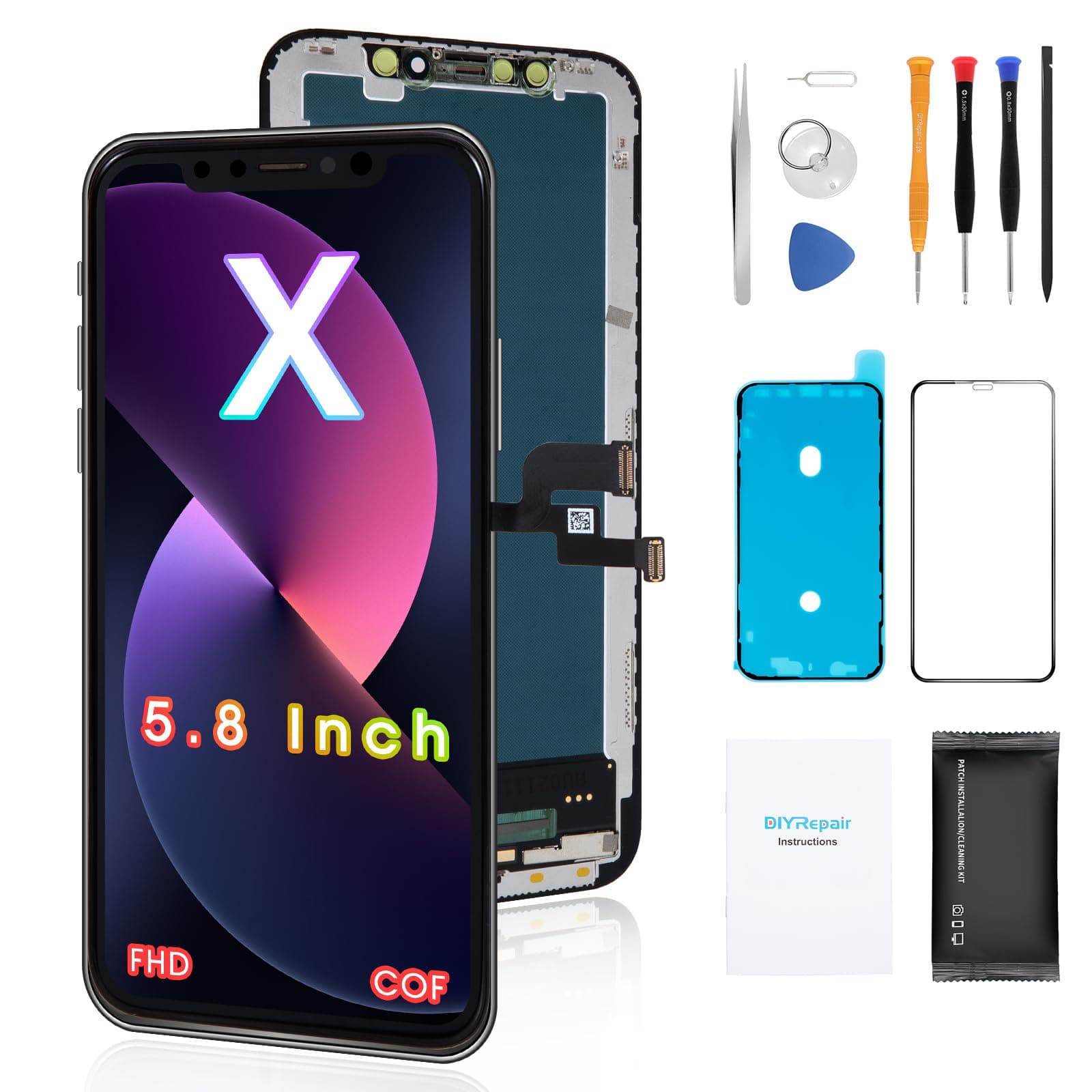 Screen Replacement for iPhone X 5.8’, 3D Touch Display Full Repair kit, Digitizer Assembly with Tools Set, Tempered Glass, Instruction