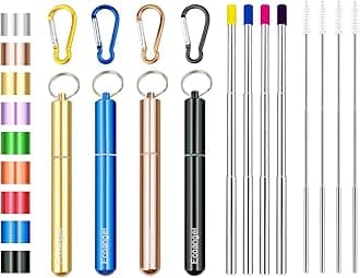 4 Pack Portable Reusable Metal Straw Collapsible Stainless Steel Drinking Straw Telescopic Straw to Drink Water Smoothie with Aluminum Key-chain Case & Cleaning Brush （Black & rose gold & blue & gold）