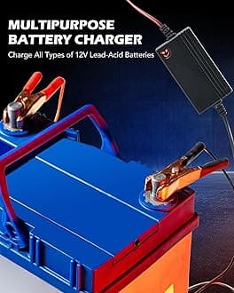OMT 12V 2Pc Battery Charger and Maintainer, Multipurpose Set for Charging Boats Motorcycles ATVs Riding Mowers & Car Truck SUV RV Maintenance w Smart 3 Stage Charging & Power Indicator