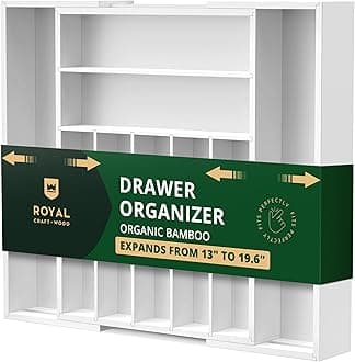 ROYAL CRAFT WOOD Luxury Bamboo Kitchen Drawer Organizer - Silverware Organizer/Utensil Holder and Cutlery Tray with Grooved Drawer Dividers for Flatware and Kitchen Utensils (9 Slot, White)
