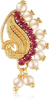Vighnaharta Gold Plated with Peals Alloy and CZ stone Non Piercing Maharashtrian Nath for women [VFJ1080NTH-Press-Red ]