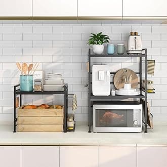 DOLALIKE Microwave Oven Rack, Expandable Microwave Stand Countertop Kitchen Utensils Tableware Storage, Carbon Steel Over Microwave Shelf Countertop with 6 Hooks