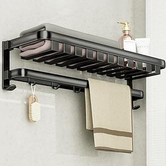 plainshe Towel Rail with Basket: 2-in-1 Towel Rack Wall Mounted Drill/Adhesiv...