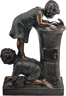 Alpine Corporation GXT472 Outdoor Floor Joyful Boy and Girl Drinking Water Fountain, Playful Garden Waterfall, 27", Bronze