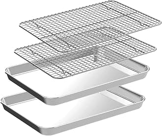 CEKEE Half Sheet Pans with Rack Set [2 Pans + 2 Racks], Stainless Half Size Large Baking Sheets with Rack -18 Inch Baking Tray Set- Rust & Warp Resistant & Heavy Duty Large Cookie Sheet