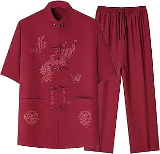 Men's Dragon Embroidered Tang Suit Chinese Traditional Mandarin Collar Kung Fu Shirts Short Sleeve Tai Chi Outfits