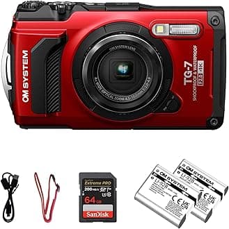 OM System Tough TG-7 Digital Camera - Red | Waterproof 12MP Outdoor Adventure Camera w/ 4K Video, Travel for Hiking, Snorkeling w/Extra Rechargeable Li-ion Battery & 64GB Memory Card Bundle