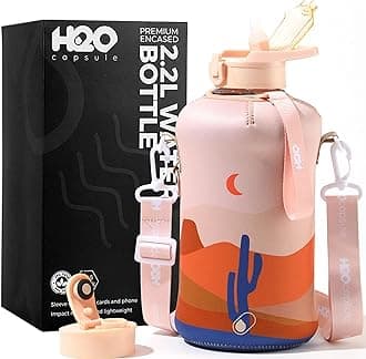 H2O Capsule2.2L Half Gallon Water Bottle with Storage Sleeve and Covered Straw Lid – BPA Free Large Reusable Drink Container with Handle - Big Sports Jug, 2.2 Liter (74 Ounce)
