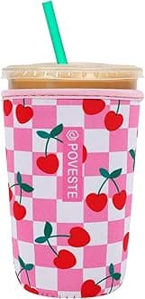 Reusable Neoprene Insulator Sleeve for Iced Coffee & Cold Soda, Coffee Sleeves for Iced & Hot Drinks, Cold Beverage Cooler Compatible with Starbucks, Dunkin (Pink Checkerboard&Cherry, Medium: 22-24oz)