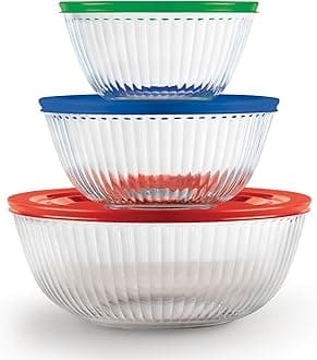 Pyrex Sculpted (3-Pack) Glass Mixing Bowls Set With Plastic Lids For Prepping, Baking and Cooking, Preheated Oven, Dishwasher, Freezer, and Microwave Safe