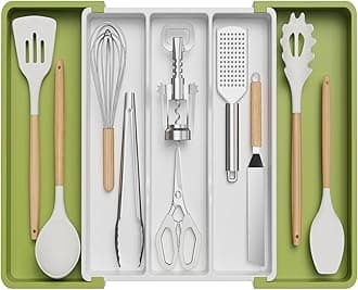 Lifewit Utensil Organizer for Kitchen Drawers, Expandable Cooking Utensil Tray, Adjustable Cutlery Silverware Flatware Holder, Plastic Spatula Tools Storage Divider, 13-22 x 15", Green&White
